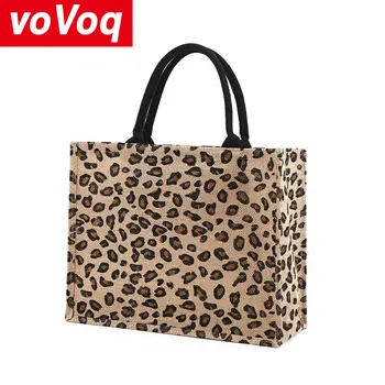 2022 Хлопчатобумажная льняная сумка из джута, полная версия, Портативная сумка для грубых покупок, Большая вместимость, Модная женская сумка для путешествий с леопардовым принтом в стиле ретро