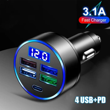4 Порта USB Автомобильная зарядка PD Зарядное устройство в автомобиле Быстрая зарядка 3,1 А Адаптер зарядного устройства для мобильного телефона с цифровым дисплеем напряжения в автомобиле
