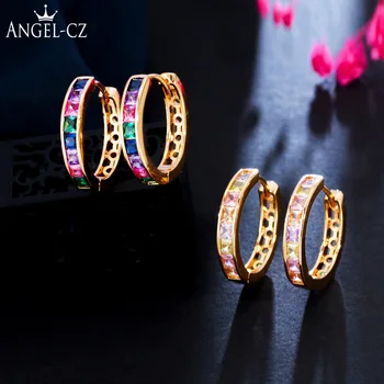 ANGELCZ Элегантный Многоцветный Камень CZ Выдалбливают Золотые Серьги-кольца Небольшого круга для женщин и девочек AE268