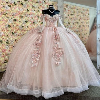 ANGELSBRIDEP Детские розовые пышные платья с длинным рукавом и аппликацией в виде 3D цветов Бальное платье на День рождения, расшитое бисером, Сладкие 16 платьев Корсет