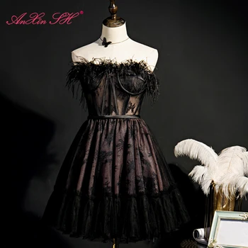 AnXin SH Роскошная принцесса с кружевом из черных перьев, ведущая вечеринки по случаю дня рождения без бретелек, без рукавов, короткое вечернее платье, маленькое черное платье