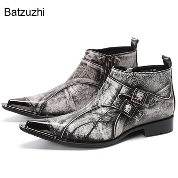 Batzuzhi, новое поступление, мужские ботинки, короткие ботильоны со стальным носком, мужские черные / серые кожаные ботинки для мужчин, вечеринки и свадьбы