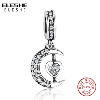 ELESHE Стерлингового Серебра 925 пробы, сверкающая Луна, висячие бусины в виде сердца из Циркона, подходят к оригинальному браслету для женщин, украшения своими руками