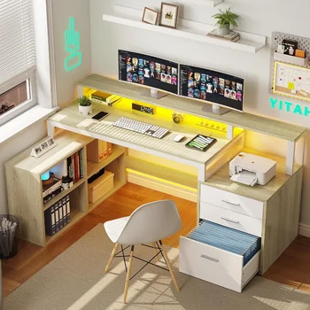 L-образный письменный стол с розетками, светодиодной подсветкой и картотекой, 65-дюймовый компьютерный стол, угловой письменный стол с 3 ящиками и 4 ящиками для хранения