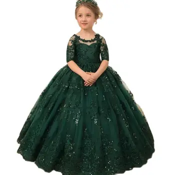 merald Green, кружевные платья из тюля с коротким рукавом для девочек в цветочек, аппликации сзади, большой бант, платье с блестками, детское праздничное платье