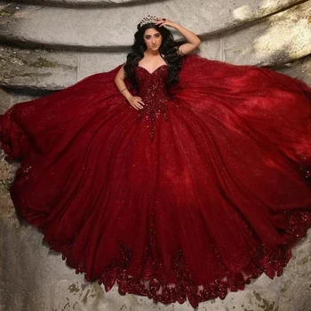 Бальное платье Бордового цвета, Пышные платья 2024, Винно-красное, с кружевной аппликацией в виде сердечка, платье для выпускного вечера, Сладкие платья для принцессы 15-16, праздничные платья, Гала
