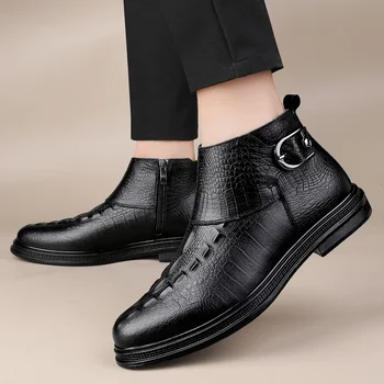Горячая распродажа мужской обуви 2023 года, мужские ботинки на молнии, зимние водонепроницаемые модные ботинки с острым носком, на коротком бочкообразном массивном каблуке