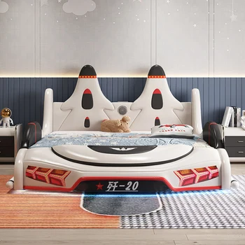 Детская комната Креативный мультяшный мальчик-автомобиль-кровать из массива дерева военный самолет-кровать с ограждением Мальчик-одноместный ракетный корабль