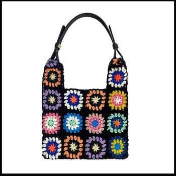 Женская вязаная сумочка ручной работы с плечевым ремнем, вязаная крючком с цветочным рисунком, Большая вместительная Модная Винтажная многоцветная выдалбливаемая сумка-тоут