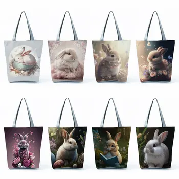 Женская сумка с цветочным рисунком кролика, складная многоразовая Большая Милая мультяшная сумка для покупок, портативные сумки для покупок