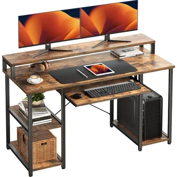 Компьютерный стол NOBLEWELL с Полками Для Хранения, 47-дюймовый Домашний Офисный Стол с Подставкой Для Монитора, Письменный Стол с Подставкой для клавиатуры