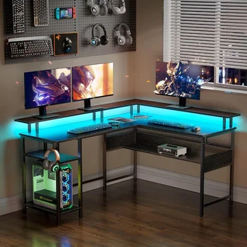 Компьютерный стол, игровой стол L-образной формы со стеллажом для хранения дисплея, светодиодной подсветкой и розеткой питания, компьютерный стол с USB-портом и крючком