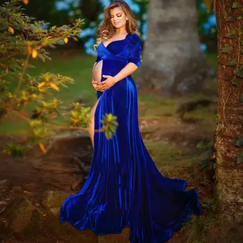 Королевско-синие велюровые платья для фотосессии беременных, женское платье для выпускного вечера с разрезом спереди, женское платье для душа ребенка