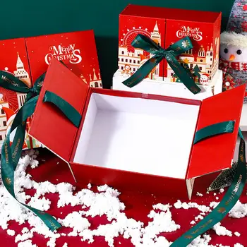 Красно-зеленая подарочная коробка Праздничная двухдверная Рождественская подарочная коробка с бантиками для оформления вечеринки Веселые упаковочные принадлежности Яркая подарочная коробка