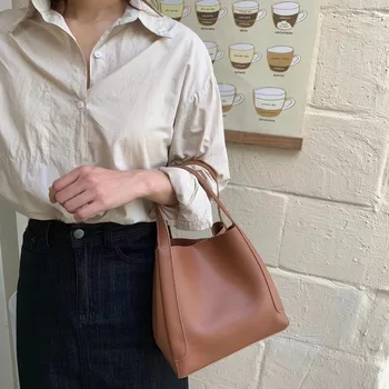 Модные Женские сумки-ведерки INS, маленькие элегантные однотонные сумки через плечо Корейского дизайна, женская сумка-тоут