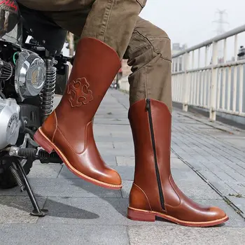Модные кожаные мотоциклетные ботинки для верховой езды с острым носком, мужские ботинки до середины икры, повседневная обувь в стиле Вестерн, ковбойские сапоги в стиле ретро в стиле Рок
