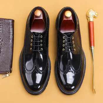 Мужские модельные туфли ручной работы из натуральной кожи, мужские дерби из натуральной кожи с круглым носком, роскошные вечерние деловые черные коричневые повседневные мужские туфли