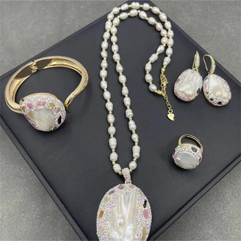 Наборы ювелирных изделий с жемчугом в стиле барокко и турмалином, натуральный Пресноводный Жемчуг неправильной формы, серьги с кристаллами для женщин