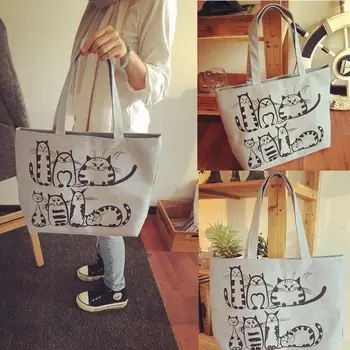 Пляжная сумка на молнии с принтом мультяшных кошек, женская модная холщовая сумка-тоут, сумки для покупок, мешок