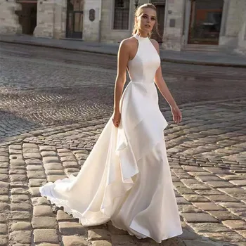 Пышные Белые роскошные свадебные платья на бретельках, Атласное платье невесты без рукавов с открытой спиной, сшитое на заказ Vestido De Novia для женщин