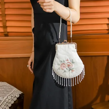 Расшитая шелком и жемчугом сумочка ancientry hanfu, вышитая чонсам, сумка с кисточками, наклонная сумка через плечо