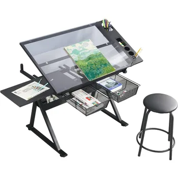 Регулируемый стеклянный чертежный стол - регулируемый по высоте Стол для рисования художников из закаленного стекла с местом для хранения - Рабочее место Art Craft Desk