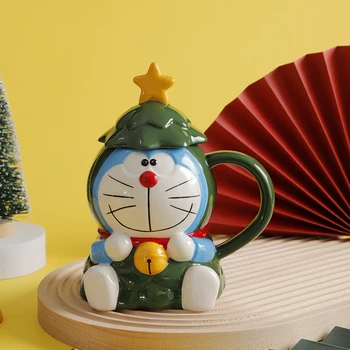 Рождественская Новогодняя Кружка Doraemon с Крышкой 500 мл Керамика Высокой Емкости Мультфильм Аниме Милая Кофейная Чашка Для Воды Праздничный Подарок Унисекс