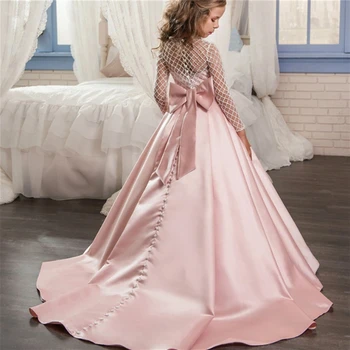Розовые атласные платья для первого причастия, кружевная сетка, платье принцессы с длинными рукавами для девочек-цветочниц, свадебная вечеринка, выпускной бал, платье для конкурса красоты