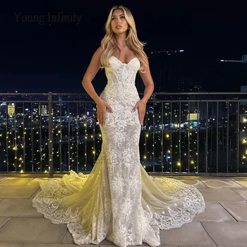 Роскошное свадебное платье с кружевами русалки с королевским шлейфом для женщин 2024, свадебное платье с кружевной аппликацией на спине в виде сердца, официальная вечеринка для невесты