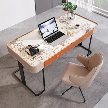 Современная домашняя офисная мебель рабочий стол столешница из мраморного камня оранжевое седло кожаные золотые ножки роскошный стол