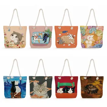 Эко Сумки многоразового использования Креативные сумки для покупок с кошачьим принтом Дизайнерские Сумки в японском стиле с мультяшными женскими сумками большой емкости Портативные