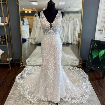 Элегантные свадебные платья Русалки с кружевной аппликацией с V-образным вырезом и шлейфом без спинки на заказ 2024 Vestido De Noival