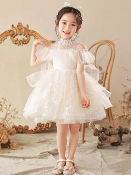 2024 Белое платье Teenmiro для девочек младшего возраста, Детские Платья с цветочным узором для Девочек на Свадьбу, Детское Элегантное Бальное платье с блестками для вечеринки