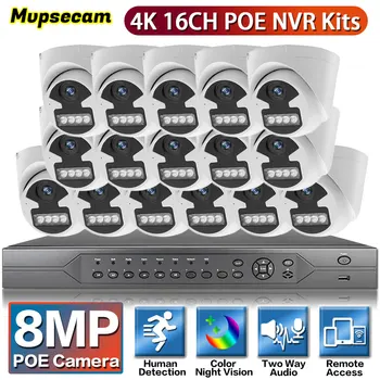 H.265 + 16CH 4K POE NVR Комплект Система видеонаблюдения 8MP HD Двухстороннее Аудио В помещении На открытом воздухе Красочная Система Камеры Видеонаблюдения Ночного Видения P2P