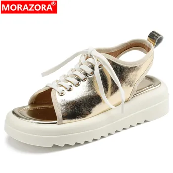 MORAZORA / Новинка 2023 года; Босоножки на платформе из натуральной Кожи на шнуровке; Летние Босоножки на плоской подошве ; Лидер продаж; Женская Повседневная Женская обувь