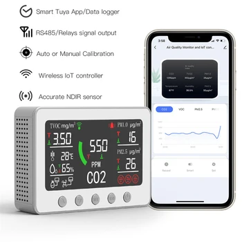 Wi-Fi Умный монитор качества воздуха NDIR Тестер CO2 Метр 6 в 1 Цифровой датчик температуры и влажности Детектор Smart Life APP Control