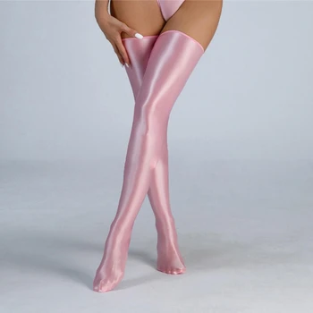 Блестящие атласные длинные чулки, обтягивающие носки в стиле ретро на кубинском каблуке, Глянцевые гладкие чулки до бедра, женская сексуальная клубная одежда для танцев на шесте.