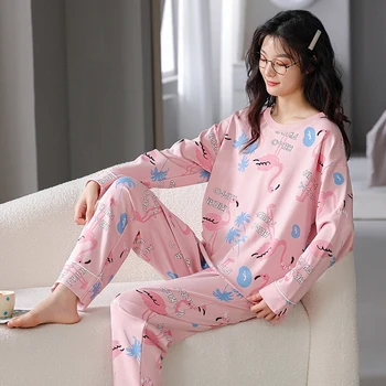 Весенне-осенний женский пижамный комплект из 100% хлопка, пижама для отдыха с длинным рукавом, женская пижама