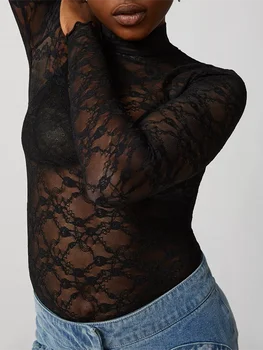 Женский многослойный топ из прозрачной сетки с длинным рукавом, футболка с имитацией горловины и цветочным кружевом, прозрачная футболка, блузка