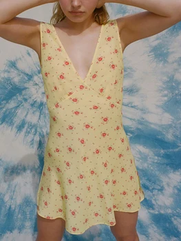 Женское летнее мини-платье на бретелях с цветочным принтом, с V-образным вырезом, без рукавов, с открытой спиной, на завязках, тонкое пляжное платье