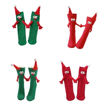 Забавные рождественские носки средней длины в виде трубочек с 3D-шапкой Санты для взрослых и детей