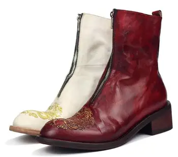 Зимние Высокие ботинки Goodyear в китайском стиле до середины икры из натуральной кожи с вышивкой, Модные Мужские ботинки