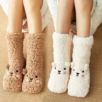 Зимние носки в пол, бархатные, утолщенные, теплые, коралловый бархат, Носки с изображением животных, домашняя обувь в японском стиле, нескользящие