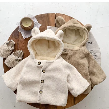 Зимний корейский стиль для новорожденных девочек и мальчиков, однотонный плюшевый кардиган с капюшоном, пальто для малышей, утепленная теплая куртка для маленьких девочек и мальчиков