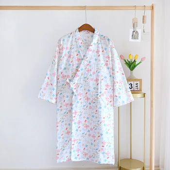 Кардиган-кимоно, женский халат, весенне-летний халат из хлопка с рукавом три четверти, тонкая женская домашняя одежда, утренний халат в цветочек