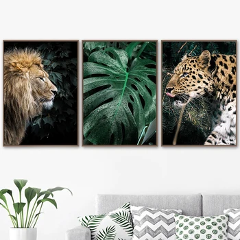Картина на холсте с гепардом и львом в джунглях, плакаты и принты с зелеными листьями деревьев, настенная картина с пейзажем в скандинавском стиле для декора гостиной