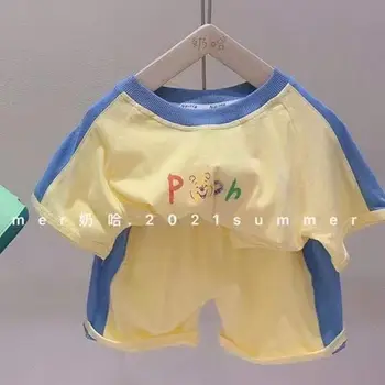 Комплект летних футболок и шорт 2023 года, детская одежда в стиле пэчворк с буквенным принтом, Детская одежда для девочек и мальчиков, повседневный комплект