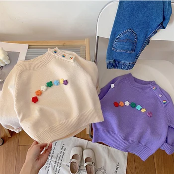 Корейские детские весенне-осенние пуловеры с объемными цветами, вязаный свитер, повседневная одежда для девочек от 3 до 8 лет