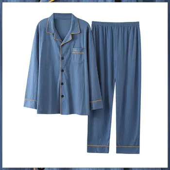 Мужская хлопковая пижама из 2 предметов, пижамный комплект, мужская пижама с эластичным поясом и карманом, осенняя ночная рубашка с длинным рукавом, костюм для отдыха