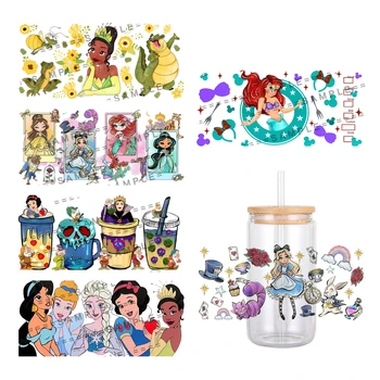 Наклейка для переноса DTF с рисунком милой принцессы из мультфильма Диснея, Водонепроницаемые переводные наклейки для наклеек на стеклянную чашку объемом 16 унций